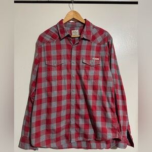 Lucky Brand Red and Gray Plaid Men's button Shirt Size Large long sleeve